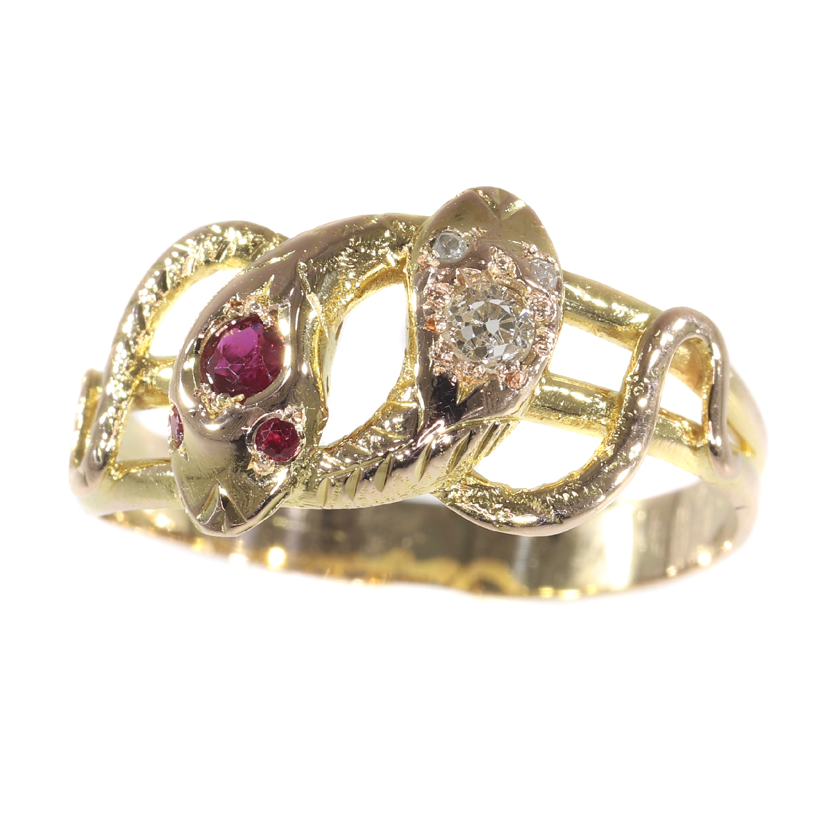 Late Victorian gold snake serpent ring set with diamonds and rubies